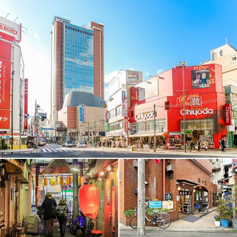 <b>上・</b>多くを語る必要がないくらい人気の街「三軒茶屋」。商店街やスーパーが充実していて暮らしをしっかりサポートしてくれます。(駅まで徒歩10分)/<b>左下・</b>夜は酒場が並ぶ “三角地帯” に迷い込んでみてはいかがでしょうか。(徒歩9分)/<b>右下・</b>マンションから徒歩7分の場所にある人気の銭湯「駒の湯」。大きな湯船だけでなくサウナもありますよ!