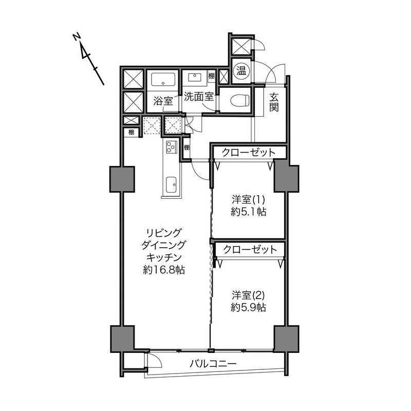 2部屋ほしい場合、このようなプランにするのはいかがでしょうか? バルコニーに面した居室を引き戸にすることでフレキシブルに使えますよ!