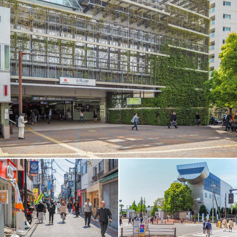 <b>上・</b>最寄りの東急大井町線・目黒線「大岡山」駅から、ご紹介する物件までは徒歩7分。/<b>左下・</b>駅前から続く「大岡山北口商店街」には、飲食店や生活用品店、洋服屋さんなど、気になるお店がズラリ。並んでいます。/<b>右下・</b>街のシンボルとも言える「東京科学大学」。駅周辺には学生の姿が多く、商店街も相まって、活気あふれる賑やかな雰囲気です。(徒歩7分)