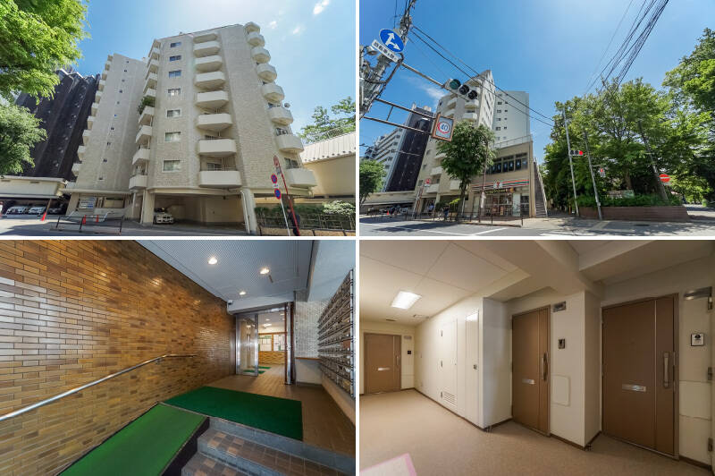 <b>左上・</b>マンションは総戸数84戸で、1971年生まれ。清潔感のある外観から、これまで丁寧にメンテナンスを重ねてきたことが伝わってきます。直近の大規模修繕工事は2017年に実施済みです。/<b>右上・</b>おおっ、すぐ隣のビルにはコンビニが♡ そしてその隣はもう「井の頭恩賜公園」の入口です。/<b>左下・</b>こちらがエントランス。奥にコンパクトな共用ホールがあります。/<b>右下・</b>ご紹介した住戸は11階に。玄関扉は2001年に更新されており、重厚感がありましたよ。