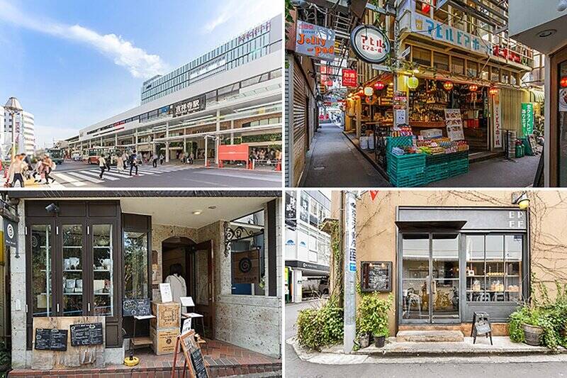 <b>左上・</b>最寄りの「吉祥寺」駅までは徒歩5分の距離。やはり京王井の頭線&JR線を使い分けられるのは大きな強みですね。/<b>右上・</b>お酒を楽しまれる方なら「ハモニカ横丁」は見逃せないスポット! 酔いが冷めないうちに帰れる距離だなんて羨ましい。(徒歩8分)/<b>左下・</b>マンションと公園の間にある紅茶のお店「chai break(チャイブレイク)」では、濃厚なチャイのテイクアウトも可能です。お散歩のおともにぜひ!(徒歩4分)/<b>右下・</b>こちらはビストロ併設のパン屋さん「Boulangerie Bistro EPEE(エペ)」。朝のパン調達にもランチどきにもお世話になりそうです。(徒歩5分)