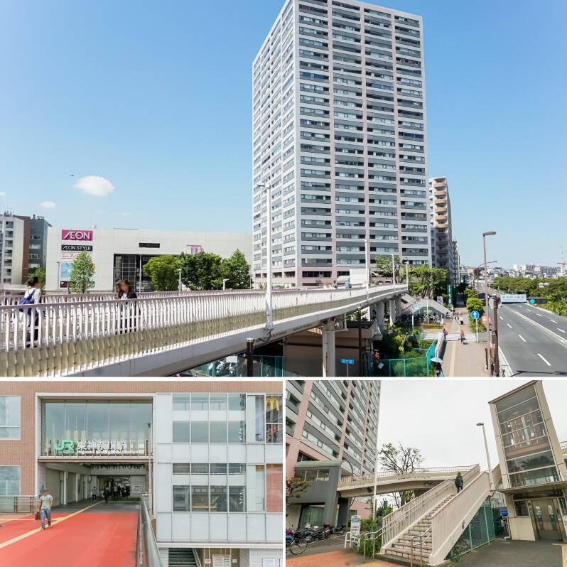 <b>上・</b>1979年竣工、総戸数230戸のマンション。/<b>左下・</b>最寄りはJR京浜東北線・横浜線「東神奈川」駅。/<b>右下・</b>駅の改札口からマンション付近までは歩道橋が伸びており、メインエントランスへは歩道橋を下りてアクセスします。