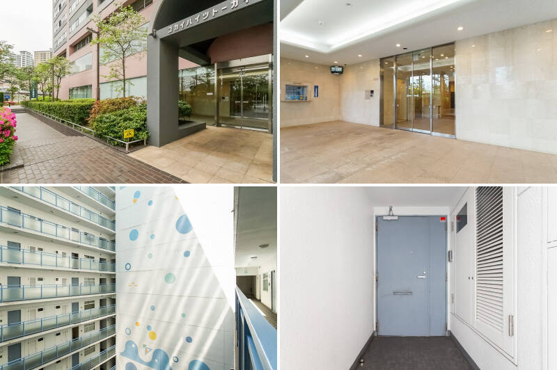 マンションは24時間有人管理です。共用廊下の中心には、横浜のイメージである海を感じるイラストが。住戸は共用廊下から少し奥まった位置にあります。
