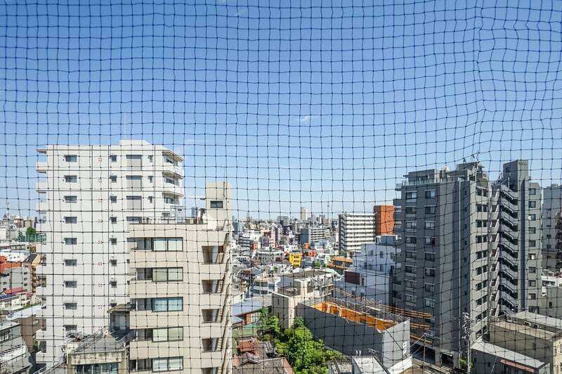 南東側のバルコニーからの眺望。鳩よけネットがありますが、遠くまで見渡せて気持ちいい。写真中央に小さくスカイツリーが！