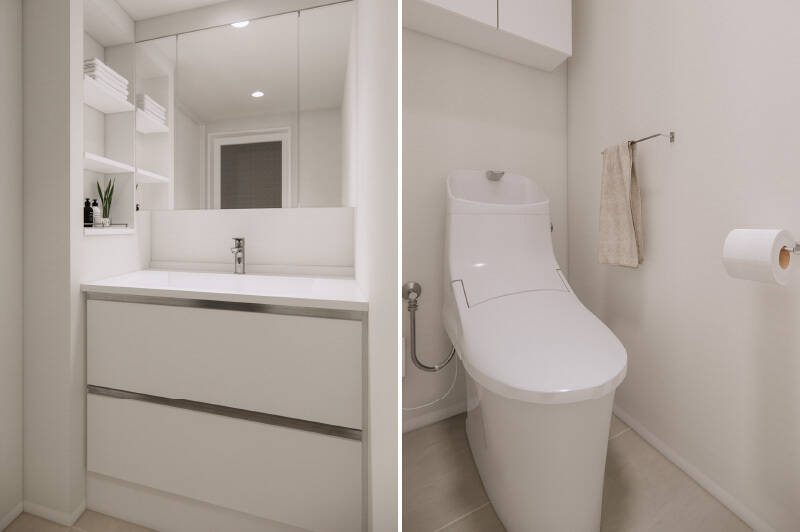 <b>左・</b>ニッチ棚付きの洗面台。/<b>右・</b>トイレには廊下からアクセスする間取りです。
