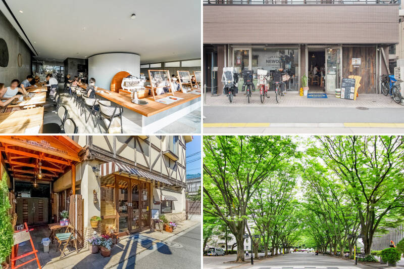 <b>左上・</b>最寄りの「桜新町」駅からマンションまで大通りを歩くルートには、コーヒーショップ「<b>OGAWA COFFEE LABORATORY(オガワ コーヒー ラボラトリー)</b>」が。常時21種類以上のコーヒー豆が用意されているほかにも、フードのメニューが豊富です。(徒歩12分)/<b>右上・</b>美味しいハンバーガーが食べたくなったら「<b>NEWOLD (ニューオールド)</b>」へ。カジュアルな雰囲気で気兼ねなく食事を楽しめるお店です。(徒歩8分)/左下・パン好きがわざわざ訪れる人気ベーカリー「<b>ベッカライ ブロートハイム</b>」もご近所に。(徒歩8分)/右下・こちらのエリアのシンボルといえば「<b>馬事公苑</b>」。四季折々の自然を楽しめるので、ぜひ休日のお散歩コースの定番に。(徒歩10分)