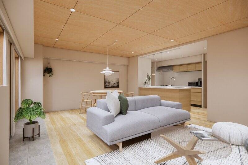 ダイニング側の壁にはピクチャーレールを設置。お気に入りのアートや植物を飾ってくださいね。