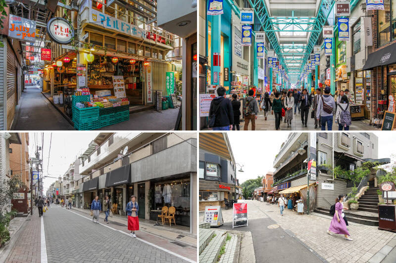 <b>左上・</b>吉祥寺のシンボルのひとつ「ハモニカ横町」。細い路地に小さな飲食店がギッシリ！（徒歩７分）／<b>右上・</b>駅の北側には、昼夜問わず賑わいの絶えない「吉祥寺サンロード商店街」。（徒歩９分）／<b>左下・</b>オシャレなお店が軒を連ね、吉祥寺LOVERの中ではファンの多い「中道通り」。（徒歩５分）／<b>右下・</b>南口の「マルイ吉祥寺店」の横にある「七井橋通り」。オープンテラスが気持ちいいバルや古着屋さん、喫茶店などさまざまなお店が集まっています。（徒歩６分）