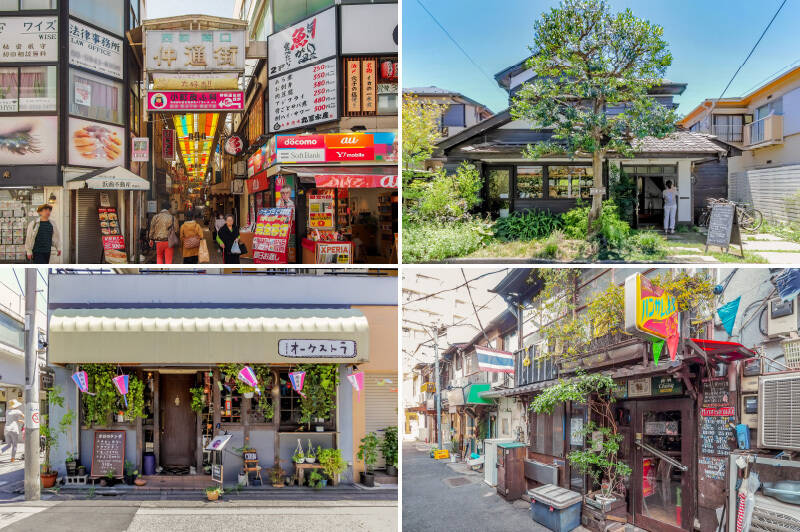 <b>左上・</b>駅の南口で出迎えてくれるのが「西荻南口仲通街」。象のぶら下がったアーケード沿いにさまざまなお店が並んでいます。(徒歩2分)/<b>右上・</b>以前カウカモマガジンで “街の先輩” として取材させていただいたカフェ「<a href="https://cowcamo.jp/magazine/column/西荻窪_松庵文庫" target="_blank" rel="noopener noreferrer">松庵文庫</a>」さんもご近所に。いまの時期、お庭のツツジが見事だろうな♡(徒歩7分)/<b>左下・</b>これから訪れる暑い夏は「CAFE オーケストラ」さんのスパイスカレーで乗り切りましょう。(徒歩2分)/<b>右下・</b>夜になるとディープ味を増す南口飲屋街 “柳小路”。そのなかの一軒「ハンサム食堂」は酒とタイ料理のお店です。(徒歩3分)