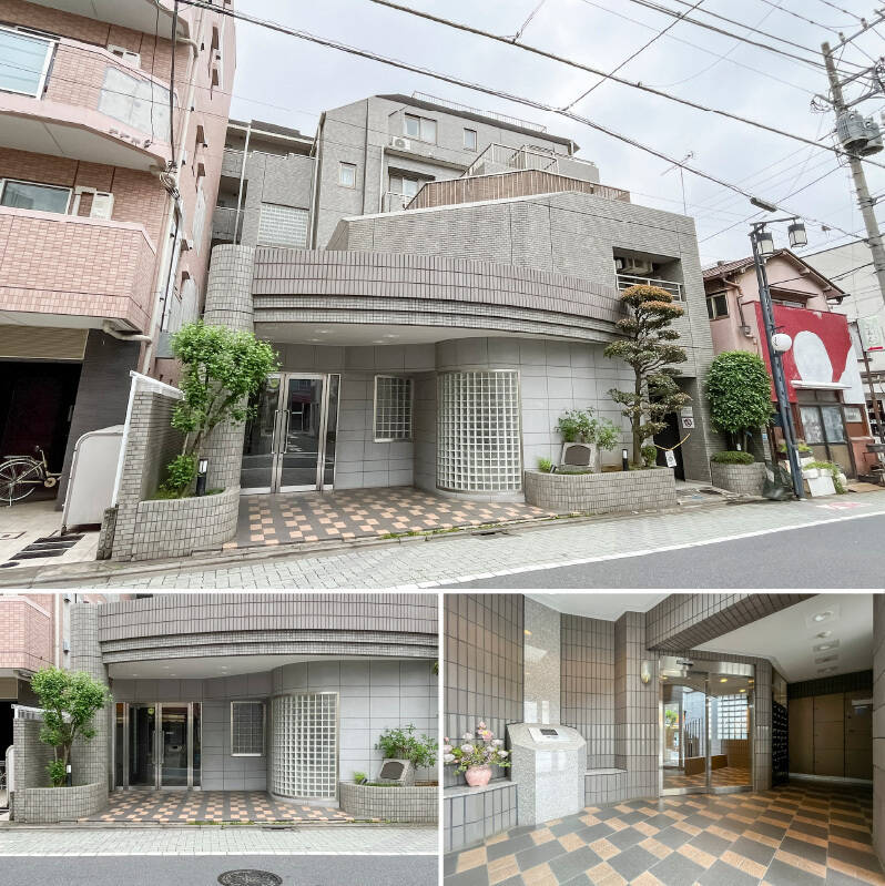 <b>上・</b>全32戸で、商店街に面しています。/<b>左下・</b>ガラスブロックが印象的なエントランス。/<b>右下・</b>オートロック、宅配ボックスを完備しています。人通りのある場所なので、セキュリティがしっかりしているのはうれしいですね!