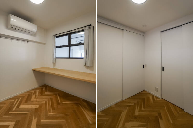 <b>左・</b>一方、こちらは外に面していない穏やかな空気の一室です。LDKに面した室内窓は開閉可能◎ 造り付けのカウンターデスクがあるので、ワークスペースとして活用するのもありですね。/<b>右・</b>白い引き戸を開けると、奥行き浅めのクローゼットが備わっています。