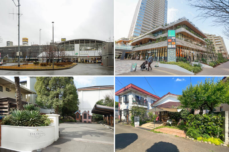 <b>左上・</b>最寄りはJR中央線「武蔵小金井」駅(徒歩11分)。快速利用で、新宿駅まで約28分、吉祥寺駅まで約11分と、通勤にもお出かけにも便利。/<b>右上・</b>ショッピングモール「ソコラ武蔵小金井クロス」には、ドラッグストアや郵便局のほか、フランスの冷凍食品専門店「ピカール」もあります♪(徒歩15分)/<b>左下・</b>フランス料理店「TERAKOYA(テラコヤ)」。お庭のグリーンを愛でながら優雅なひとときをどうぞ。(徒歩18分)/<b>右下・</b>売主さまおすすめの「かぶとパン・かぶとめし」では、パンやお弁当をテイクアウトできます。こちらでランチを買って、すぐ近くの小金井公園でピクニック、なんて素敵です♡(徒歩20分)