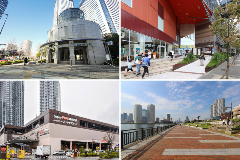 <b>左上・</b>最寄りは、東京メトロ有楽町線「豊洲」駅。再開発が進む都心の湾岸エリアです。(徒歩10分)/<b>右上・</b>「晴海通り」から海側に歩くと見えてくるのが「アーバンドックららぽーと豊洲」。セレクトショップやインテリアショップ、映画館にフードコートなどが入り、丸1日楽しめるスポットです。(徒歩9分)/<b>左下・</b>品揃え豊富な超大型ホームセンター「スーパービバホーム 豊洲店」。DIYグッズを揃えるならこちらへ。(徒歩11分)/<b>右下・</b>海沿いの「春海橋公園」からは、夕陽も夜景もとっても綺麗に望めます。園内の一部では釣りもOKですよ。(徒歩14分)