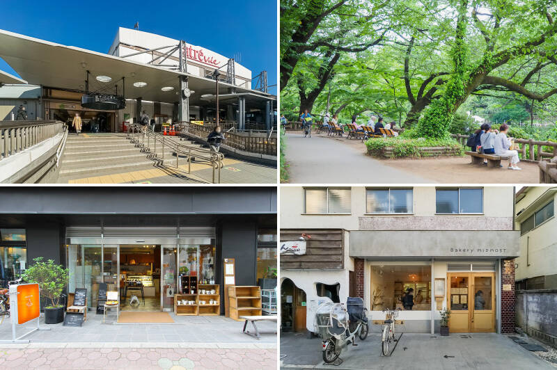 <b>左上・</b>最寄り駅はJR中央線の特別快速が止まる「三鷹」。総武線の始発駅でもあるので、座って通勤できます。(徒歩8分)/<b>右上・</b>緑豊かな「井の頭恩賜公園」が徒歩圏内。ご家族でサイクリングも楽しめそう。(徒歩13分)/<b>左下・</b>休日はマンションの1階にある自家焙煎カフェ「横森珈琲」のコーヒーでリラックスしたひとときを。エントランス付近はいつもいい香りです♡/<b>右下・</b>おしゃれな外観の「Bakery MIDMOST(ベーカリー ミッドモスト)」。個人経営で少数生産ですが、種類豊富で美味しそうなパンがずらりと店頭に並びます。(徒歩2分)