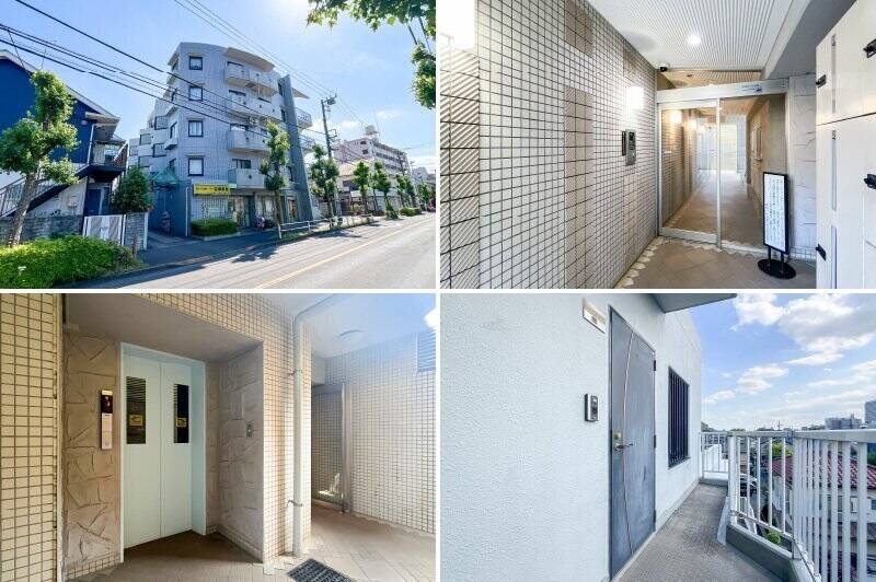 <p><b>左上・</b>1996年築、地上5階建て、総戸数19戸のマンション。/<b>右上・</b>オートロックが備わったエントランス。右側に宅配ボックスがあります。/<b>左下・</b>こちらのエレベーターから住戸のある4階へ。/<b>右下・</b>玄関前の共用廊下。</p>