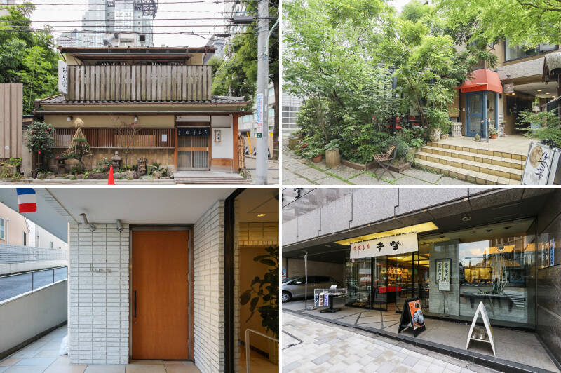 <b>左上・</b>天もり発祥の店として親しまれている老舗蕎麦屋「室町砂場 赤坂店」(徒歩10分)。/<b>右上・</b>テラス席があり、つい長居したくなるような老舗喫茶店「Cafè de LaPaix(カフェ・ド・ラペ)」(徒歩9分)。/<b>左下・</b>フランスの伝統的な料理から独創的な料理まで楽しめるフレンチレストラン「Lyla(ライラ)」。(徒歩3分)/<b>右下・</b>赤坂料亭御用達の和菓子屋さん「赤坂 青野」。お土産にも喜ばれる一品です。(徒歩4分)