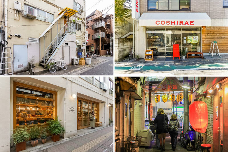 <b>左上・</b>路地裏に建つアパートの2階にある隠れ家カフェ「MOON FACTORY COFFEE」。深夜1時まで営業しており、ついつい長居してしまう居心地のよさが人気です。(徒歩6分)/<b>右上・</b>ボリュームたっぷりでヘルシーなお料理をいただけるイタリアンレストラン「COSHIRAE(コシラエ)」。能登直送の赤土野菜や、炭火焼き料理、煮込み料理が人気なんだそう。(徒歩7分)/<b>左下・</b>「Junibun BAKERY(ジュウニブンベーカリー)」はベーカリー、パティスリー、フラワーショップが居合わせる癒しの空間。(徒歩5分)/<b>右下・</b>三茶名物「三角地帯」のディープな世界も通い放題の距離! 馴染みの店を開拓しちゃいましょう(徒歩8分)