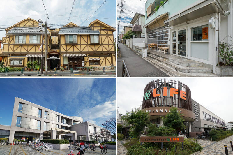 <b>左上・</b>ドイツパンの名店「Bäckerei Brotheim(ベッカライ ブロートハイム)」。入り口前に行列ができることもしばしば。(徒歩7分)/<b>右上・</b>「PIZZA MAFIA TOKYO 桜新町」。定番ピザに加え変わり種も用意されており、“しらすと山椒” をいただくと絶品でした! キッズプレートもありますよ。(徒歩10分)/<b>左下・</b>「世田谷区立教育館」の中には図書館だけでなくプラネタリウムも併設。ご家族で訪れるのにオススメです。(徒歩3分)/<b>右下・</b>新鮮な食材から日用品まで揃う「ライフ 桜新町店」。(徒歩11分)
