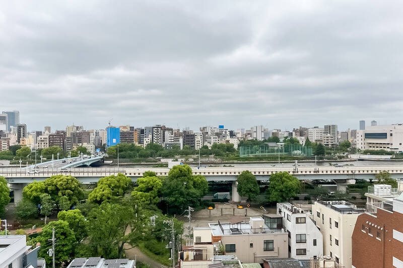 手前から「隅田公園」、首都高速道路、隅田川、ふたたび「隅田公園」。川に架かる「言問橋」を渡れば、そこはもう “浅草エリア” です!