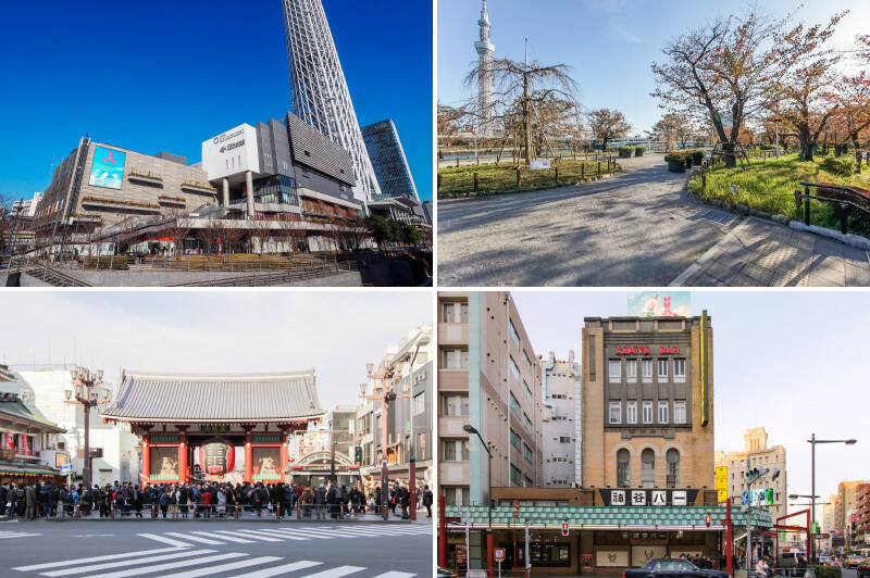 <b>左上・</b>「押上」駅直結の「東京ソラマチ」。水族館などアミューズメント施設のほか、スーパーなど300以上の店舗が集まっています。(徒歩7分)/<b>右上・</b>隅田川をサンドイッチする形で広がる「隅田公園」。水辺をお散歩するだけで気持ちよさそう!(徒歩1分)/<b>左下・</b>言わずと知れた観光名所、浅草寺「雷門」も徒歩圏内。(徒歩15分)/<b>右下・</b>明治13年創業、浅草1丁目1番1号アドレスの老舗「神谷バー」。川風に吹かれながら酔い覚まししてご帰宅ください。(徒歩14分)