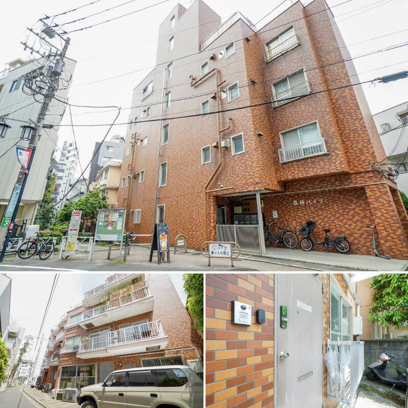 <b>上・</b>竣工は1977年、総戸数9戸の小規模マンション。/<b>下・</b>住戸へはエントランスを通らず、建物の反対側にある、道路に面した玄関扉から直接アクセスします。玄関扉や窓が通りに面しているため、セキュリティや外からの視線は気になるところ。なお、住戸前にある駐車場は、別の住人の方がご契約中です。