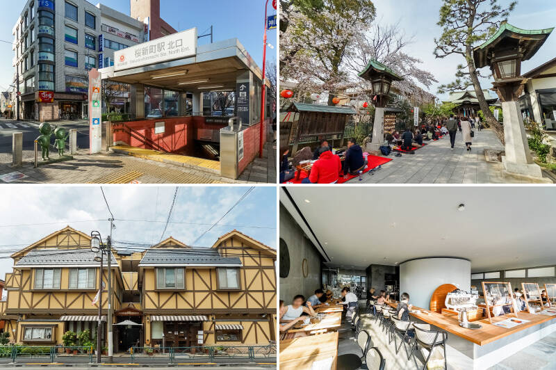 <b>左上・</b>最寄りは東急田園都市線「桜新町」駅。 “サザエさんの街” として親しまれています。(徒歩7分)/<b>右上・</b>桜の名所として知られる「桜神宮」。デザイン性の高い御朱印とお守りが大人気です。(徒歩5分)/<b>左下・</b>1987年創業の老舗ベーカリー「ベッカライ・ブロートハイム」。ドイツパンを中心とした、豊富な品揃えが魅力です。筆者一押しはマロンパイ! (徒歩9分)/<b>右下・</b>コーヒーショップ「OGAWA COFFEE LABORATORY(オガワ コーヒー ラボラトリー)」。常時21種類以上のコーヒー豆が用意されているほか、フードのメニューが豊富です。(徒歩6分)