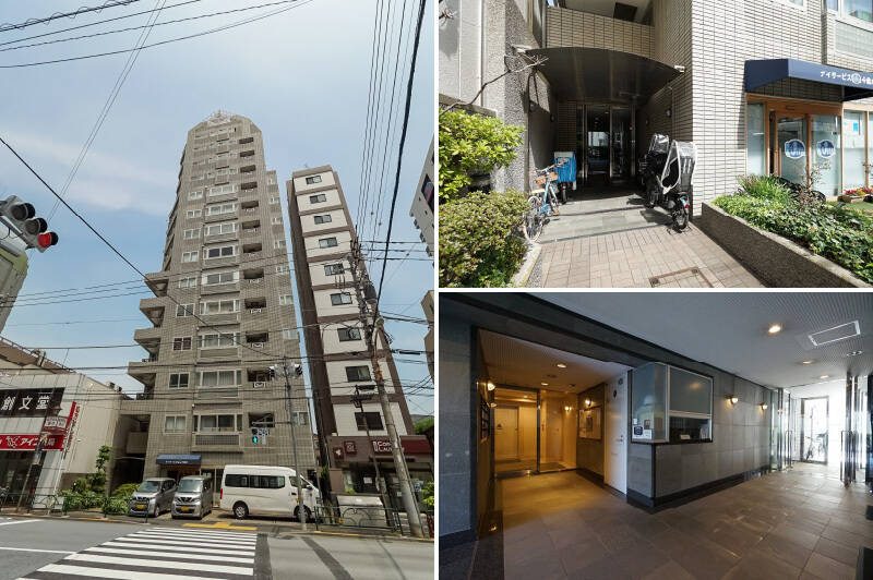 <b>左・</b>不忍通り沿いに建つ、1992年竣工のペンシル型マンション。スーパーや飲食店が軒を連ねる大通り沿いなので、人通りがあり夜道も安心感があります。/<b>右上・</b>1階のエントランス横には、テナントとしてデイサービスセンターが入居しています。/<b>右下・</b>オートロック完備のエントランスホール。管理人さんは週5日・午前中のご勤務です。