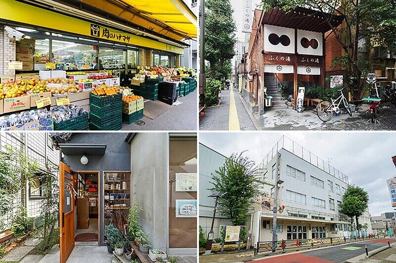 <b>左上・</b>マンションの斜め向かいにあるスーパー「肉のハナマサPLUS 動坂店」。24時間営業している、心強い味方です!(徒歩1分)/<b>右上・</b>疲れをほぐしたいときは銭湯「ふくの湯」へ。レトロさを残しモダンに改装された室内で、心が落ち着きますよ。(徒歩7分)/<b>左下・</b>おやつには焼き菓子専門店「TAYORI BAKE(タヨリ ベイク)」のマフィンはいかがでしょう♡(徒歩6分)/<b>右下・</b>そして、教育面での大きなアドバンテージも見逃せないポイント。文京区の中で<b> “3S1K” と呼ばれる人気がある小学校のひとつ「千駄木小学校」が指定学区</b>です。(徒歩4分)