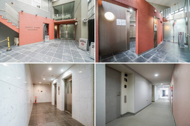 <b>左上・</b>エントランス。/<b>右上・</b>入り口はオートロック付き。赤い壁の向こうには宅配ボックスがあります。/<b>左下・</b>こちらのエレベーターで住戸のある5階へ。/<b>右下・</b>住戸の玄関前。