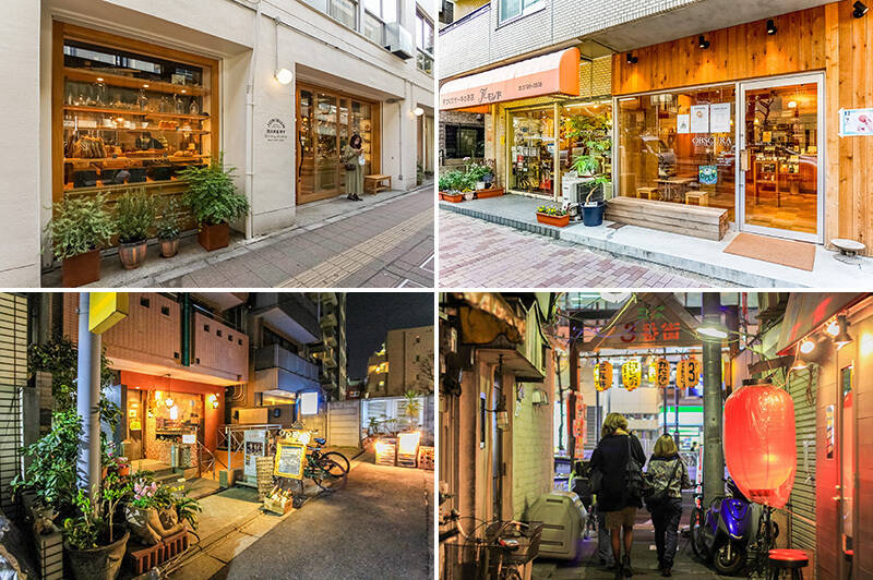 <b>左上・</b>「Junibun BAKERY(ジュウニブンベーカリー)」はベーカリー、パティスリー、フラワーショップが居合わせる癒しの空間。2階ではカフェの営業も。(徒歩3分)/<b>右上・</b>珈琲豆の買い足しなら、三茶コーヒーカルチャーの草分け「Obscura Mart(オブスキュラ マート)」がオススメ。(徒歩8分)/<b>左下・</b>路地裏にある人気ビストロ「Doigno Kentarone (ドイーニョ・ケンタローネ)」。アットホームで居心地がよく、料理もワインも、どれを頼んでもハズレなしです◎(徒歩4分)/<b>右下・</b>ディープなお店がひしめく「三軒茶屋三角地帯」も目と鼻の先。飲み歩きがクセになりそう♡(徒歩2分)