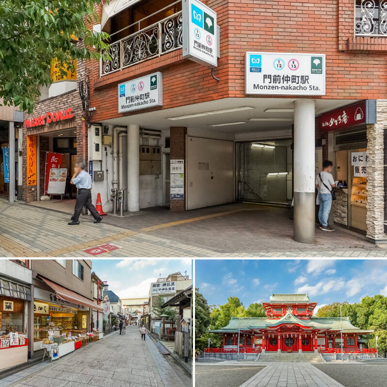 <b>上・</b>最寄りの東京メトロ東西線・大江戸線「門前仲町」までは徒歩8分。/<b>左下・</b>「人情深川ご利益通り」には、風情ある和菓子店や漬物店などが連なります。どこか懐かしい雰囲気の商店街です。(徒歩7分)/<b>右下・</b>駅からマンションに向かう途中には「富岡八幡宮」が。広々とした境内では毎月骨董市が開催されていますよ。(徒歩5分)