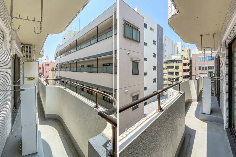 住戸は6階所在。周辺には背の高い建物が並びます。