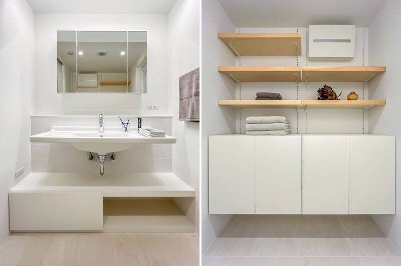 <b>左・</b>フランスのデザイナー「Philippe Starck(フィリップ・スタルク)」が手掛けた洗面ボウルが採用されています。/<b>右・</b>洗面ボウルの背面には、リネン類や日用品をしまうのにピッタリな収納が備わっています。