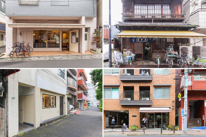 <b>左上・</b>「<b>Patissrie TRES CALME(パティスリー トレ カムル)</b>」のイチオシは、ブルーベリーが入ったモンブラン。(徒歩7分)/<b>右上・</b>古民家蕎麦店「<b>進開屋</b>」は、登録有形文化財としても有名。お蕎麦ランチはぜひこちらで。(徒歩3分)/<b>左下・</b>ボローニャの手打ちパスタを楽しめるパスタ専門店「<b>Base(バーゼ)</b>」も、散歩がてらのランチの候補に。(徒歩11分)/<b>右下・</b>ジェラートショップ「<b>SUPERFRUTTO(スペールフルッタ)</b>」では、ジェラートやパフェ、ソフトクリームをいただけます。(徒歩10分)