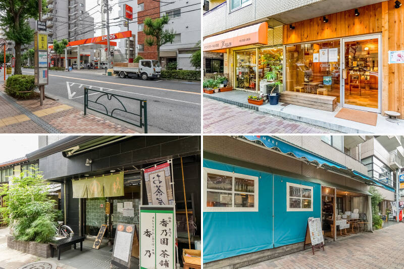 <b>左上・</b>マンション目の前には「若林一丁目」バス停。雨の日などは駅まで行かず、ここから「渋谷」駅に向かうのもアリですね!(徒歩2分)/<b>右上・</b>Nさまがオススメする世田谷通り沿いのお店を3つご紹介! こちらは焙煎したばかりの珈琲豆を販売している「OBSCURE(オブスキュラ)COFFEE ROASTERS Mart」。毎朝淹れるコーヒーはここのお豆で決まりですね!(徒歩3分)/<b>左下・</b>“カレーうどんが絶品” と太鼓判の「香乃(こうの)」。なんと和風と洋風のハーフ&ハーフというメニューも!(徒歩2分)/<b>右下・</b>気軽にイタリアンが楽しめる「ワイン食堂 INASEYA MARE(イナセヤ マーレ)」。(徒歩1分)