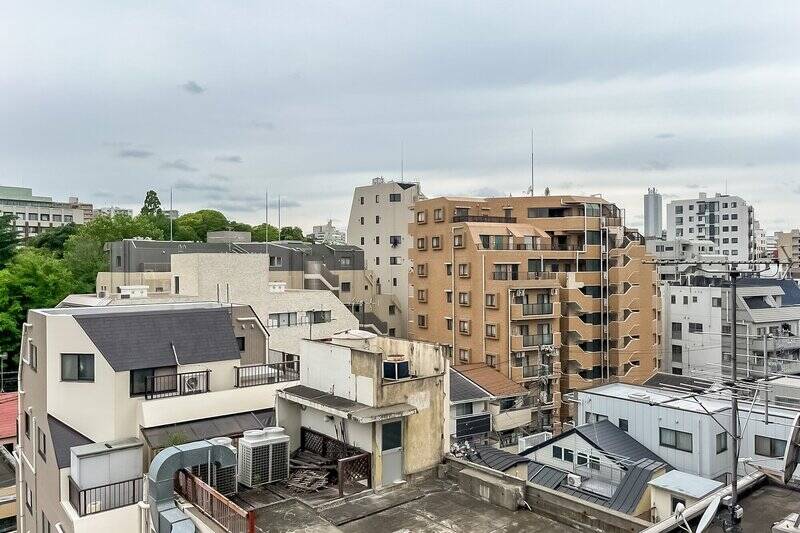 腰高窓から外へ目をやると、建物越しに「占春園」の木々が見えています。