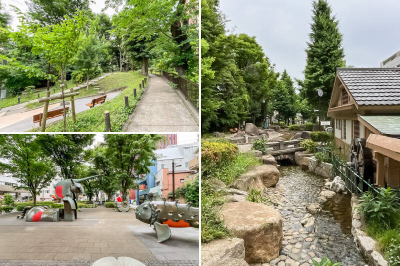 “小石川エリア” といえば桜の名所「播磨坂」が有名ですが、こちら「湯立坂」沿いも緑が豊か。坂沿いは「窪町東公園」「占春園」として整備され、彫刻が置かれた広場や流れが楽しめ、園内の所々にはベンチも用意されています。