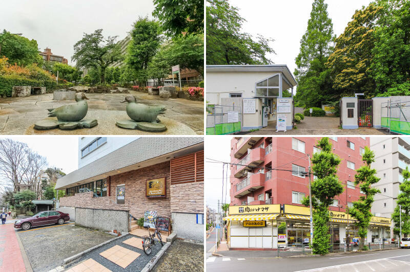 <b>左上・</b>春日通りから約460mに渡って続く「播磨坂」。春には「文京さくらまつり」の会場として賑わいます。(徒歩9分)/<b>右上・</b>国指定名勝及び史跡でもある「小石川植物園」。入場料はかかりますが、定期的に訪れて四季の変化を感じたいですね。(正門まで徒歩10分)/<b>左下・</b>美味しい名店も集まっています。こちらは「Decadance du Chocolat(デカダンス ドュ ショコラ)茗荷谷」。チョコレートはもちろん、箱詰めの焼き菓子も人気です。(徒歩5分)/<b>右下・</b>最寄りのスーパーはマンションと同じ千川通り沿いにある「肉のハナマサ 小石川店」。朝8時から夜8時まで営業しています。(徒歩5分)