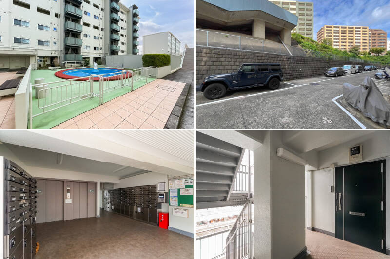<p><b>左上・</b>敷地内にはなんと住民専用プールが! 子ども用と大人用があります。/<b>右上・</b>駐車場は使用権のある住戸しか使えないそう。残念……/<b>左下・</b>こちらが、ご紹介する住戸のある4号棟のエントランス。宅配ボックス完備です。/<b>右下・</b>エレベーター+階段を利用して6階へ。同フロアに住戸はふたつのみで、プライベート感は高めと言えそう。</p>