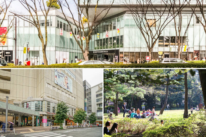 徒歩圏内に洗練されたショップ、おしゃれな飲食店、緑豊かな公園など魅力的なスポットがたくさん。写真は「表参道ヒルズ」(上)、「恵比寿」駅(左下)、「有栖川宮記念公園」(右下)。(いずれも徒歩18分)