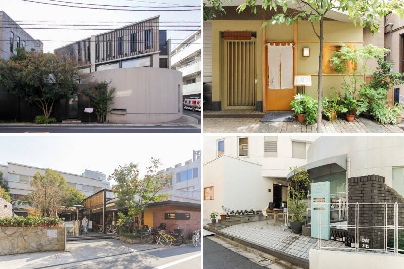 <b>左上・</b>新屋信幸シェフが西麻布で一軒家のフレンチレストラン「LA TERRE(ラ テール)」をオープン。隠れ家的なお店で、記念日など特別な日にオススメです。(徒歩13分)/<b>右上・</b>広尾駅周辺には美味しいお店もたくさん。旬の魚を使った江戸前握りを楽しめる「鮨 真(しん)」は食通も唸る名店です。(徒歩7分)/<b>左下・</b>テラスでモーニングをいただける「crisscross(クリスクロス)」。その横には、地中海料理レストラン「cicada(シカダ)」、ベーカリー「bread works(ブレッドワークス)」もあります。(徒歩11分)/<b>右下・</b>恵比寿の裏路地にあるカフェ&ビストロレストラン「繁邦(しげくに)」。パンのテイクアウトもできます。個性的なお店に出会えるのもこのエリアならでは。(徒歩20分)