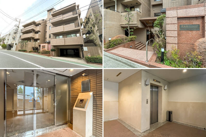 <b>左上・</b>緩やかな銀杏坂の途中に建つのが、今回のマンション。竣工は1993年、総戸数は17戸です。／<b>右上・</b>数段の階段を下りてエントランスへ。／<b>左下・</b>入り口はオートロック付き。／<b>右下・</b>４階の住戸へはこちらのエレベーターから。