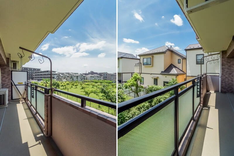 バルコニーは横幅も奥行きもゆとりがあります。アウトドアチェアを置いて、鳥の声を聞きながら一服するのも素敵カモ。