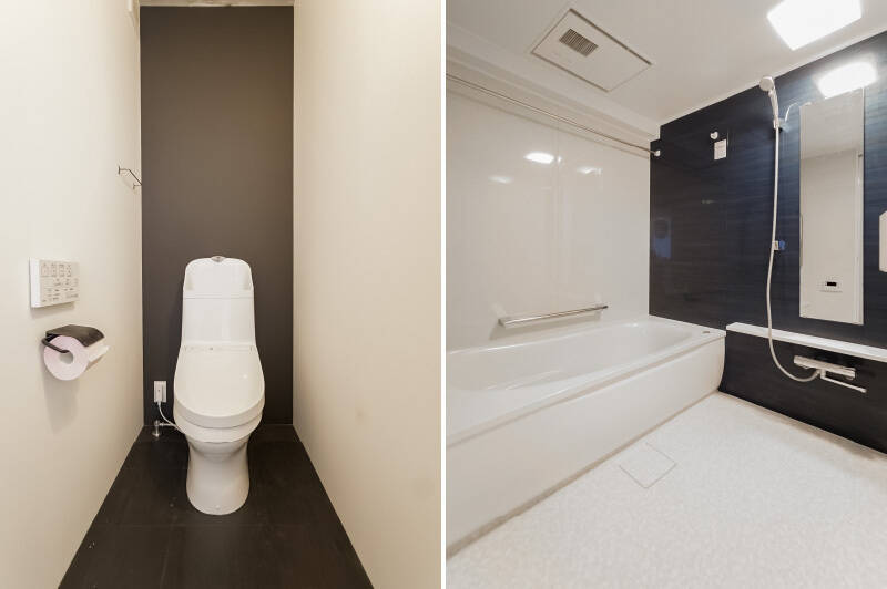 <b>左・</b>トイレは床から壁にかけて、色が延びていくようなデザイン。／<b>右・</b>1620サイズの浴室。浴室乾燥機完備で、浴槽には人工大理石が使われているなど設備面も◎