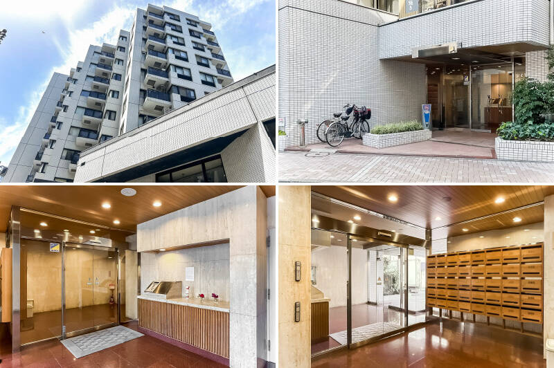 1983年に竣工した、重厚感ある外観がカッコいい建物。共用部の天井や集合ポストはウッディでクラシカルな印象があるほか、エントランスはしっかりとオートロックを完備。