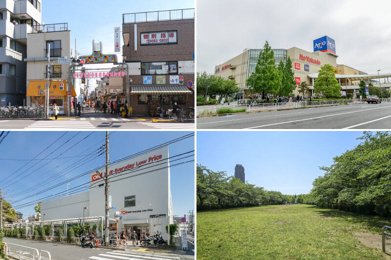 <b>左上・</b>下町情緒を感じられる「砂町銀座商店街」。お惣菜を売るお店が充実しているので、好きなものを好きなだけ買って帰れます。(徒歩9分)/<b>右上・</b>スーパー、アパレル店、各種クリニックなどが揃った「アリオ北砂」まで徒歩7分。これは心強い。/<b>左下・</b>普段のお買い物は徒歩2分のスーパー「オーケー 尾高橋店」でどうぞ。/<b>右下・</b>徒歩15分の距離には広大な面積を誇る「猿江恩賜公園」も。