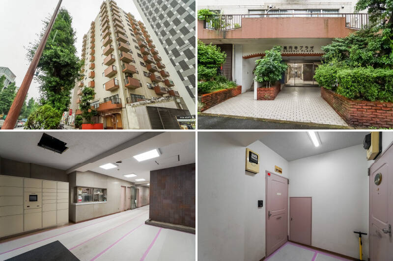 <b>左上・</b>青梅街道沿いに立つ、1971年生まれのレトロな14階建てマンション。1階部分にはテナントとして焼肉店やカラオケバーなどが入居しています。/<b>右上・</b>エントランスは青梅街道側に。/<b>左下・</b>やや雑居ビル感のあるエントランスホールですが、大型の宅配ボックスが導入されているのはうれしい驚き! エレベーターも2基備わっています。/<b>右下・</b>ご紹介の住戸は6階の共用廊下の奥に位置しています(写真左側)。玄関扉は建築当時のものをきれいに塗り直した状態のようです。