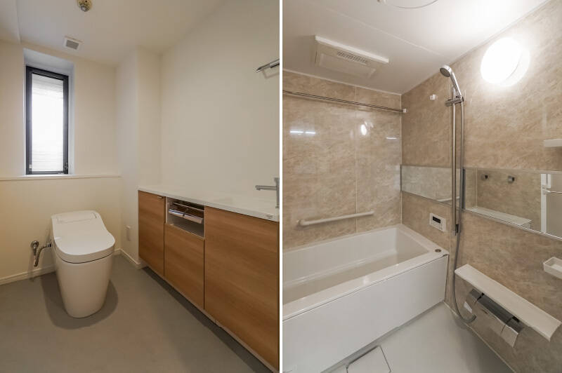 <b>左・</b>こちらの物件、トイレが広いです。このままだと寂しさを覚えるほどです。まさかトイレのインテリアコーディネートを真剣に考える必要に迫られるとは、恐るべし約99.98㎡。/<b>右・</b>浴室乾燥機完備のバスルームは、1218サイズです。