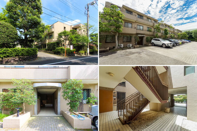 <b>左上・</b>1983年に東急建設によって施工された、品のいい低層レジデンス。新耐震基準に適合しているのは大きな安心材料ですね。/<b>右上・</b>マンションの平置き駐車場には現在空きのある状態(2025年6月時点)です。お車をお持ちの方はチャンスですよ。/<b>左下・</b>共用ロビーなどはなく、ブロックごとにエントランスが用意されています。/<b>右下・</b>こちらはエレベーター無しのマンションのため、3階の住戸までは階段でのアクセスとなります。あらかじめご留意ください。