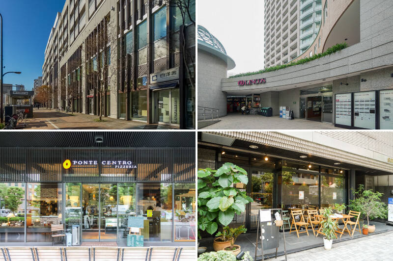 <b>左上・</b>都営地下鉄大江戸線「月島」駅直結の「CAPITAL GATE PLACE(キャピタル ゲート プレイス) ザ・モール」。薬局やレストランなど複数のテナントが入っています。(徒歩8分)/<b>右上・</b>マンションの1階には、こだわりの品の揃うスーパー「リンコス リバーシティ店」。(徒歩1分)/<b>左下・</b>「中央大橋」から “佃エリア” へ向かったところにあるイタリアンレストラン「PIZZERIA PONTE CENTRO(ピッツェリア ポンテチェントロ)佃店」。川のほとりで、本格窯焼きピッツァを味わえます。(徒歩2分)/<b>右下・</b>店内の内装やインテリアがおしゃれなカフェ「TRUNK CAFE」では、世界各国の料理を楽しめます。仕事帰りのディナーやお休みの日のランチにぴったり◎(徒歩7分)